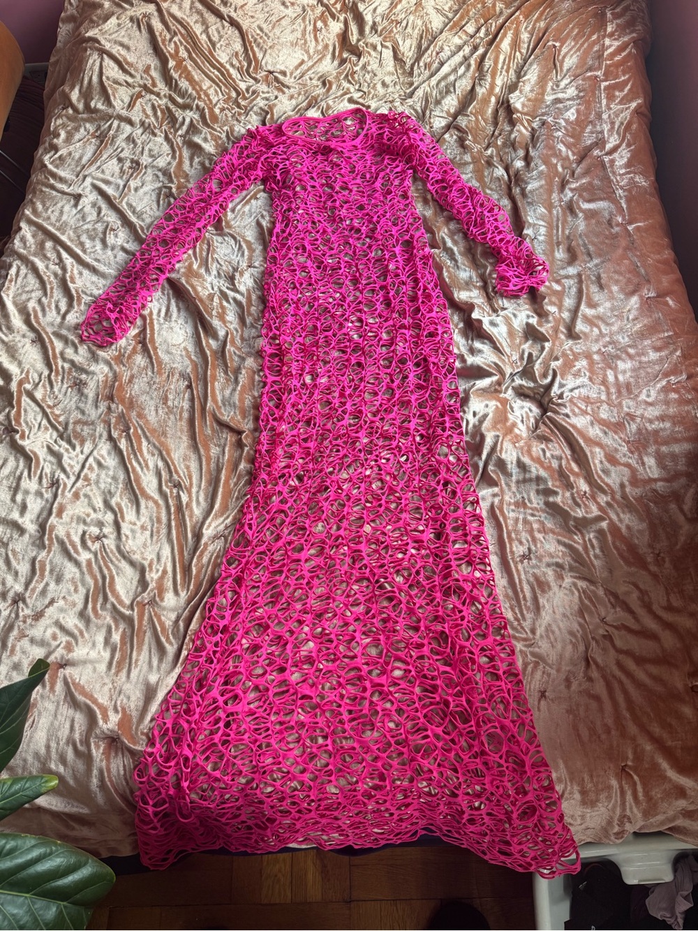 Fuchsia Open-Weave Maxi Dress with Long Sleeves